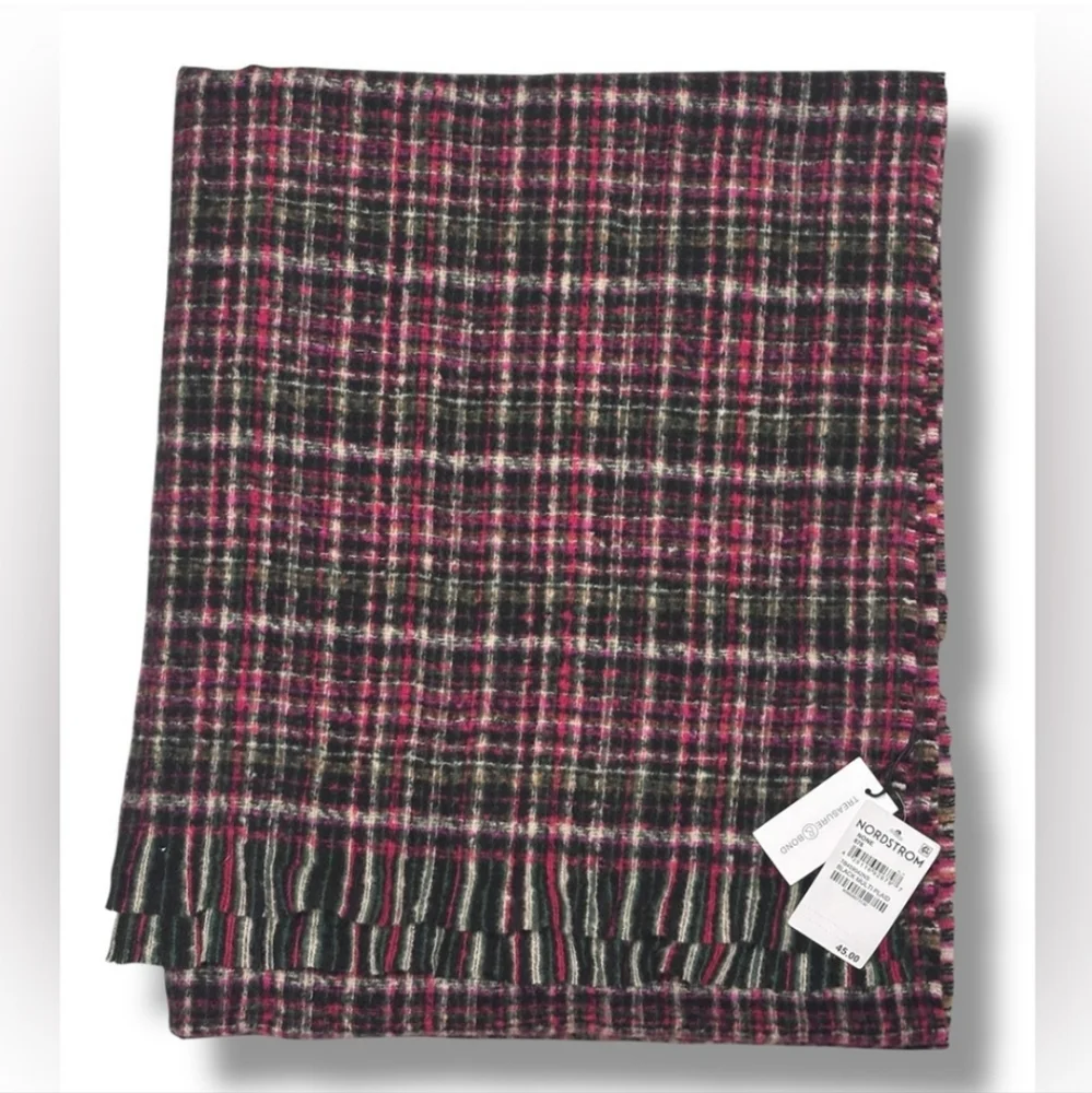 TREASURE & BOND Fringe Blanket Scarf Black Multi Plaid NWT!